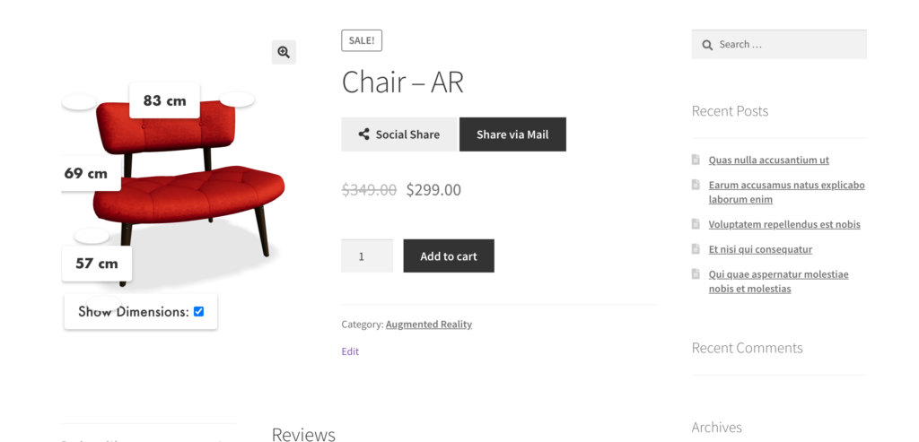Product view with Product 3D & AR modules
